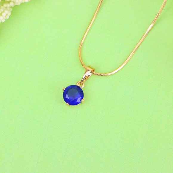 "Round Blue Stone Pendant in Gold Plated Brass – Dainty Everyday Charm, XPPT1758 - Picture 12 of 13
